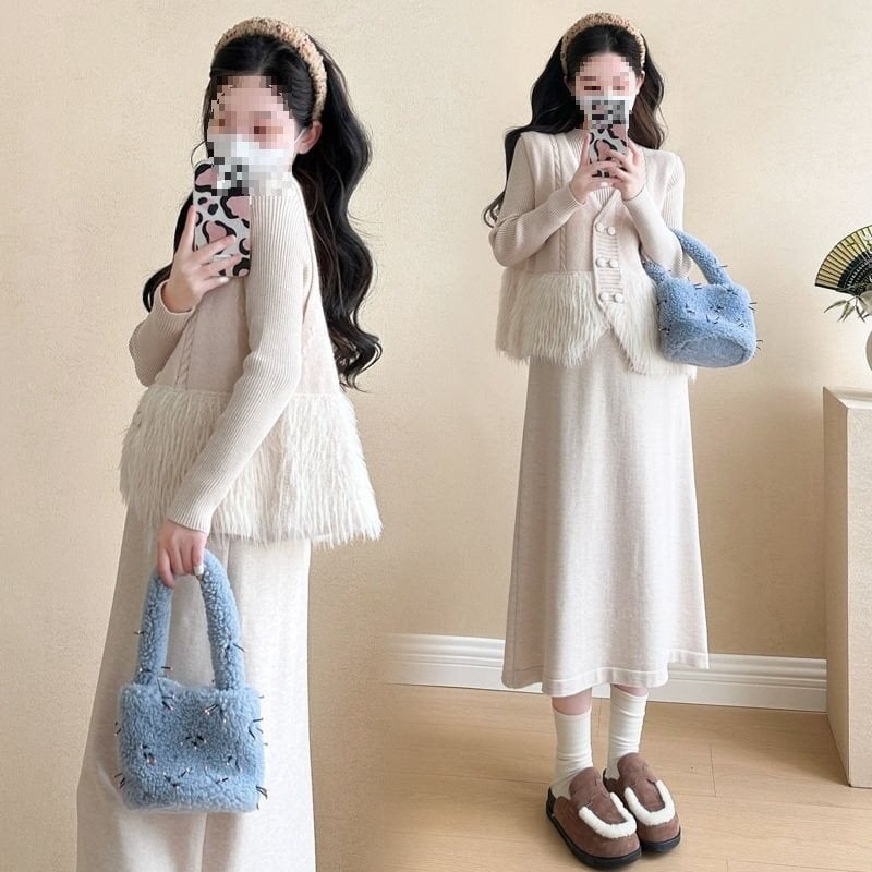 Kismamáknak: őszi-téli két részes szett, kötött ruha mellénnyel, hosszú ujjú, Air Cotton anyag, rövid szoknya, japán-koreai casual stílus, nyomtatás és festés