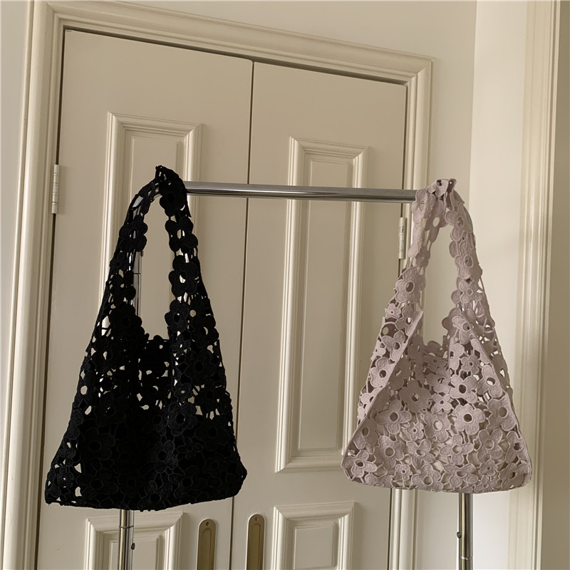 Geantă bucket în stil coreean, din paie, cu dantelă croșetată, capacitate mare, bretea unică