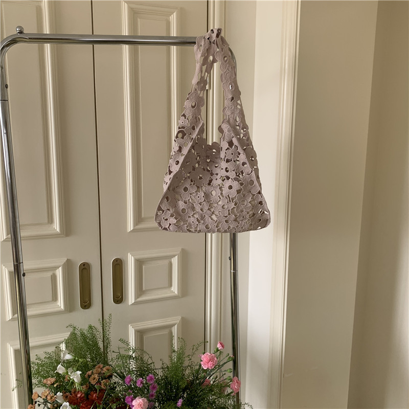 Geantă bucket în stil coreean, din paie, cu dantelă croșetată, capacitate mare, bretea unică