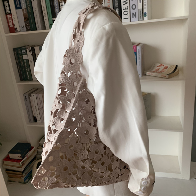 Geantă bucket în stil coreean, din paie, cu dantelă croșetată, capacitate mare, bretea unică