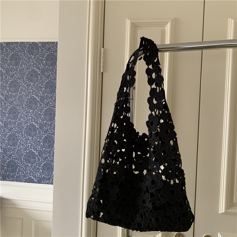 Geantă bucket în stil coreean, din paie, cu dantelă croșetată, capacitate mare, bretea unică