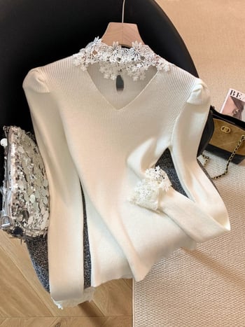 Koreai stílusú kötött felső csipkés patchworkkal, fél magas nyakú, hosszú ujjú, modell A9194