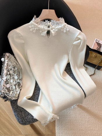 Koreai stílusú kötött felső csipkés patchworkkal, fél magas nyakú, hosszú ujjú, modell A9194