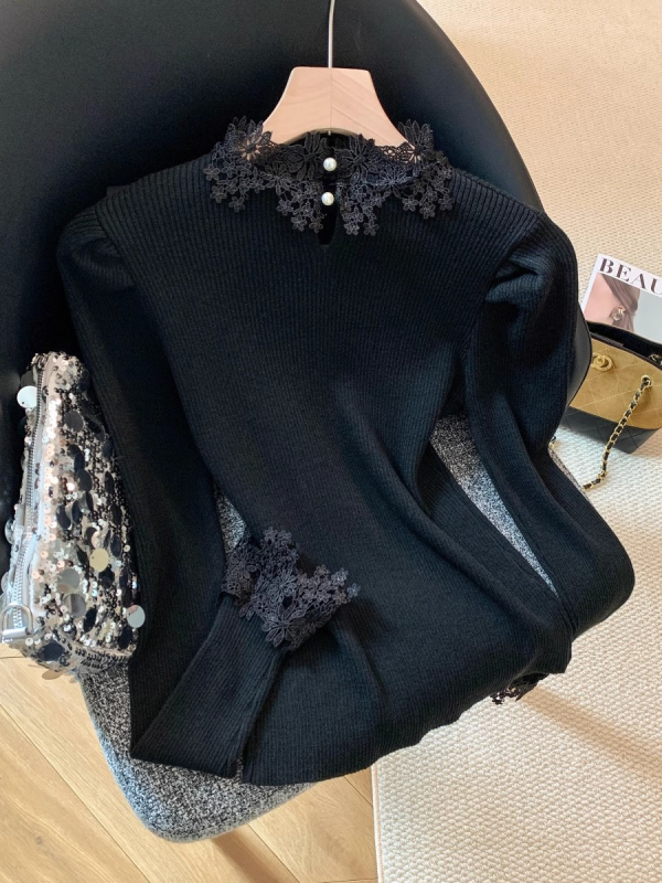 Koreai stílusú kötött felső csipkés patchworkkal, fél magas nyakú, hosszú ujjú, modell A9194