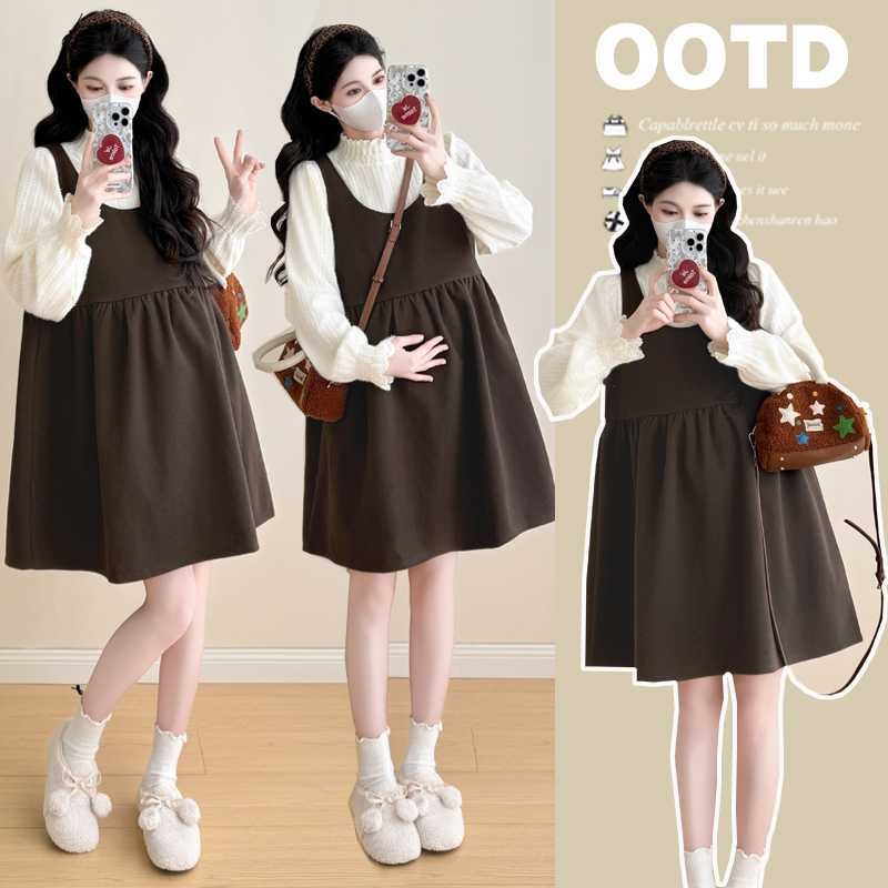 Kismama két részes szett: csipkés fodros felső, lotuslevel gallér, 3/4-es ujj, aszimmetrikus terhes szoknya, téli