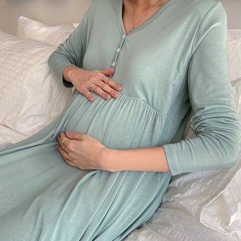 Trudnička haljina s V izrezom, dugi rukavi, modalni materijal, otvor za dojenje, midi patchwork suknja