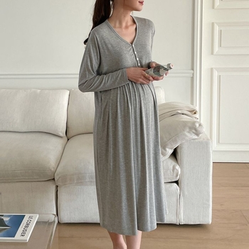 Trudnička haljina s V izrezom, dugi rukavi, modalni materijal, otvor za dojenje, midi patchwork suknja