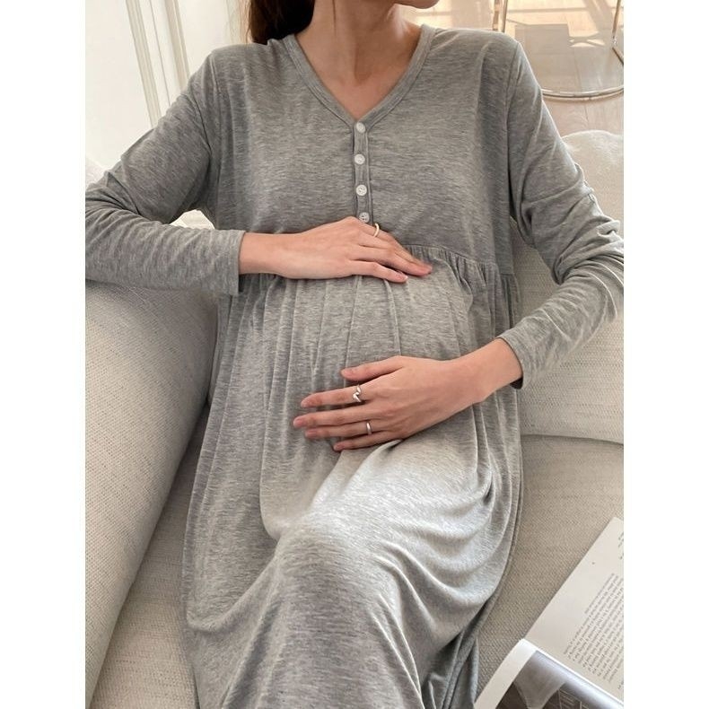 Trudnička haljina s V izrezom, dugi rukavi, modalni materijal, otvor za dojenje, midi patchwork suknja