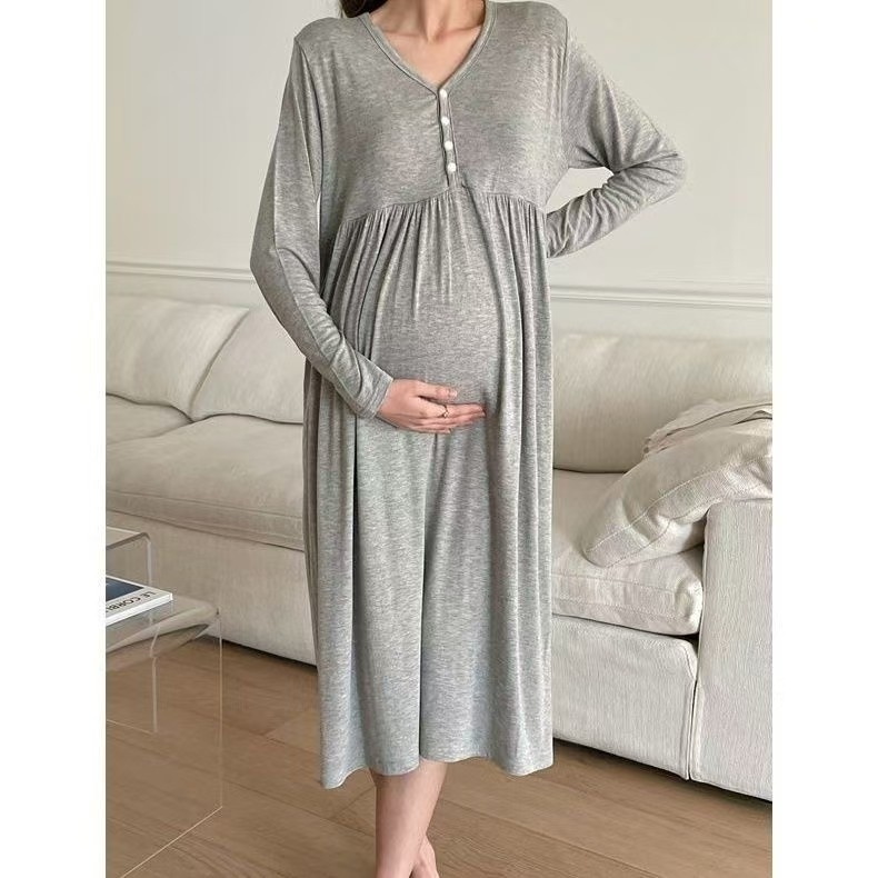 Trudnička haljina s V izrezom, dugi rukavi, modalni materijal, otvor za dojenje, midi patchwork suknja