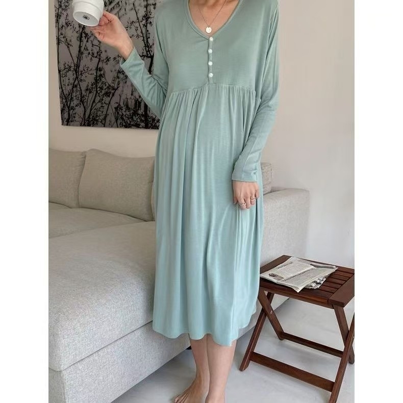 Trudnička haljina s V izrezom, dugi rukavi, modalni materijal, otvor za dojenje, midi patchwork suknja