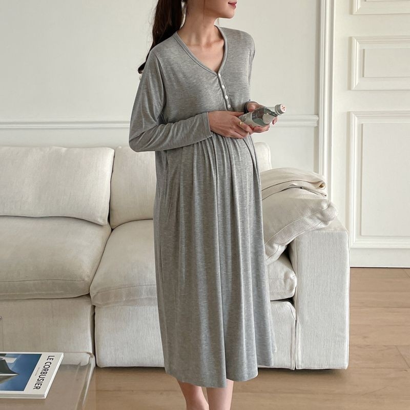 Trudnička haljina s V izrezom, dugi rukavi, modalni materijal, otvor za dojenje, midi patchwork suknja