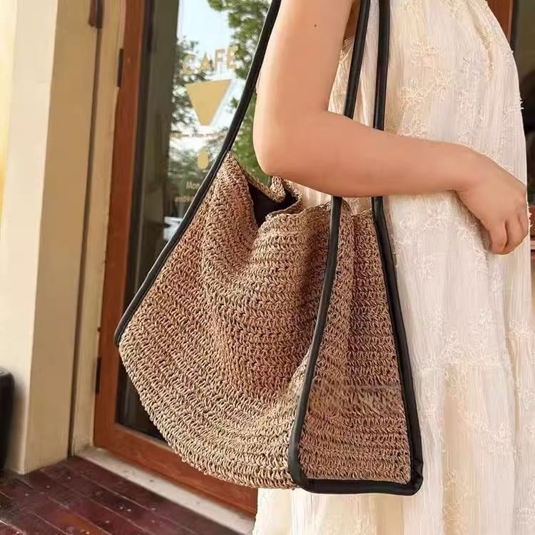 Slamnata pleteni torba – gradski jednostavan stil, materijal: papir, horizontalan kvadratni oblik, magnetska kopča, džep za telefon