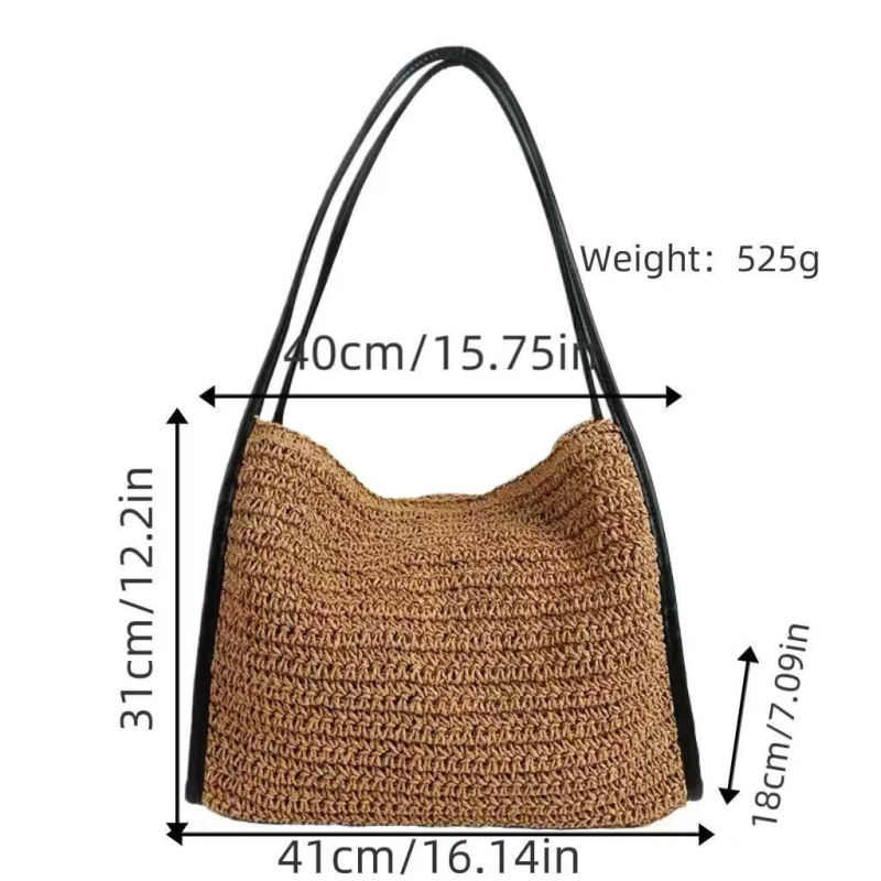 Slamnata pleteni torba – gradski jednostavan stil, materijal: papir, horizontalan kvadratni oblik, magnetska kopča, džep za telefon