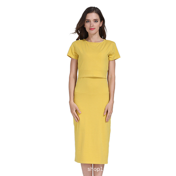 Haljina za trudnice s otvorom za dojenje, visokim strukom, midi duljina, jednobojna pamuk 95%