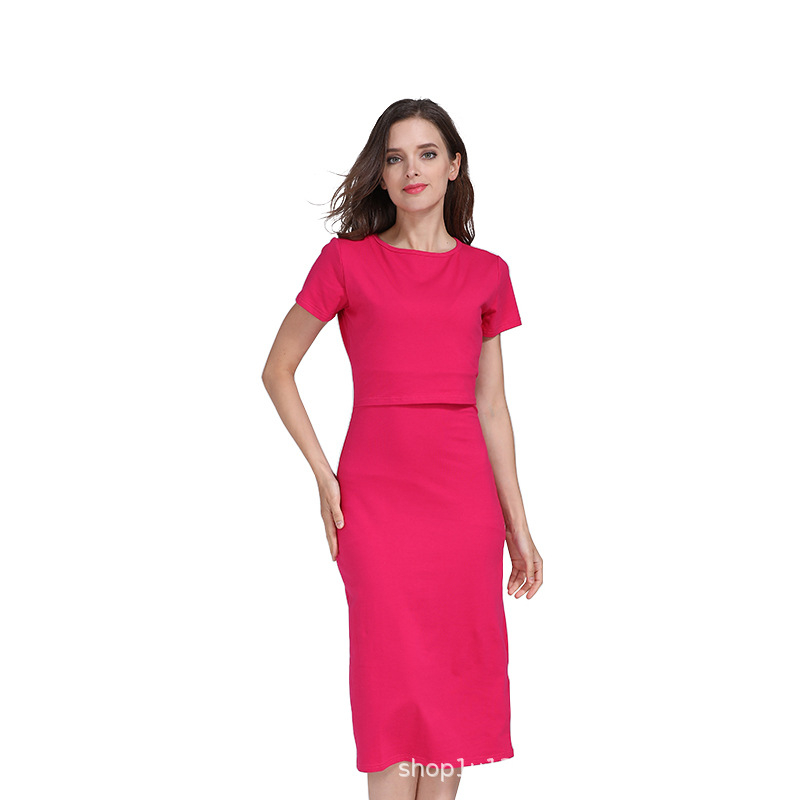 Haljina za trudnice s otvorom za dojenje, visokim strukom, midi duljina, jednobojna pamuk 95%