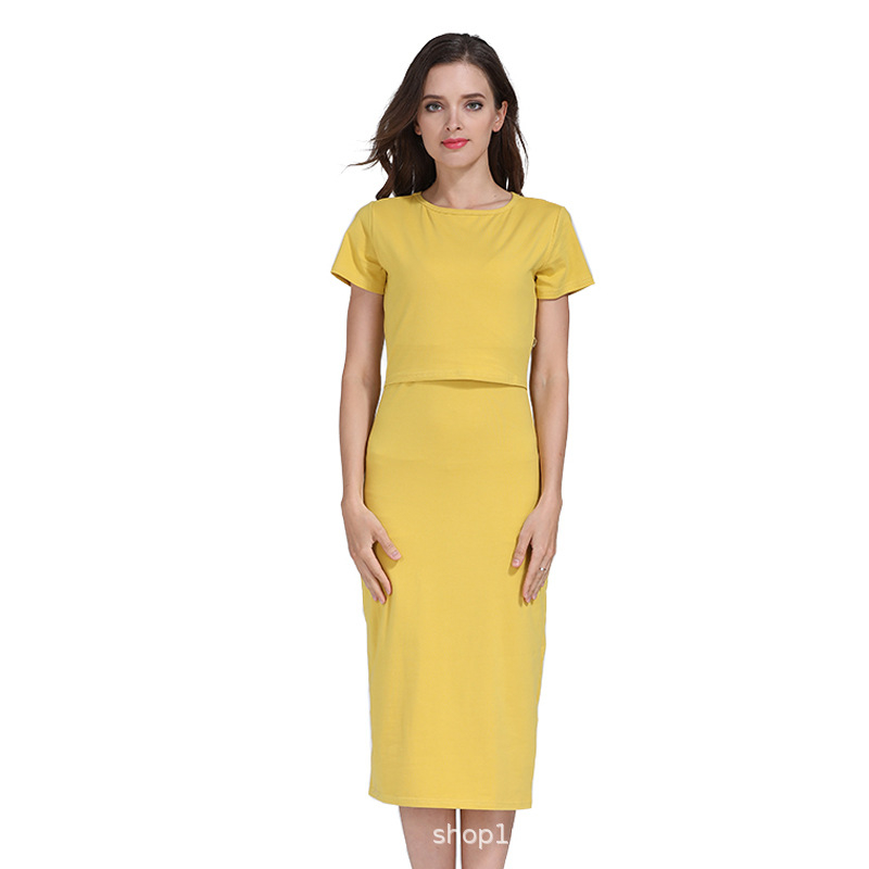 Haljina za trudnice s otvorom za dojenje, visokim strukom, midi duljina, jednobojna pamuk 95%