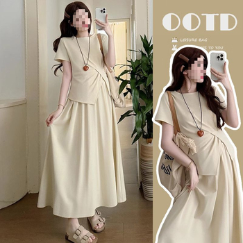 Trudnički ljetni set od sakoa i suknje s potporom trbuha, top za podršku trbuha, 3/4 rukava, poliester, midi duljina suknje, street hipster stil