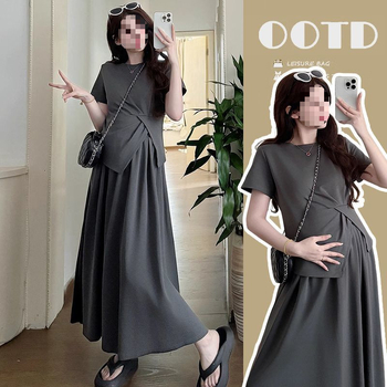 Trudnički ljetni set od sakoa i suknje s potporom trbuha, top za podršku trbuha, 3/4 rukava, poliester, midi duljina suknje, street hipster stil