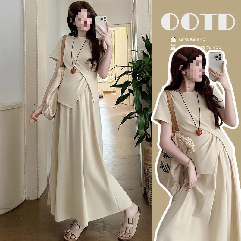 Trudnički ljetni set od sakoa i suknje s potporom trbuha, top za podršku trbuha, 3/4 rukava, poliester, midi duljina suknje, street hipster stil