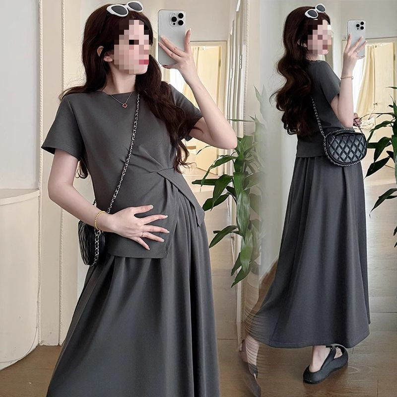 Trudnički ljetni set od sakoa i suknje s potporom trbuha, top za podršku trbuha, 3/4 rukava, poliester, midi duljina suknje, street hipster stil