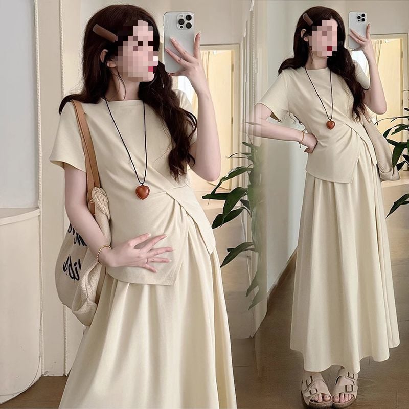 Trudnički ljetni set od sakoa i suknje s potporom trbuha, top za podršku trbuha, 3/4 rukava, poliester, midi duljina suknje, street hipster stil