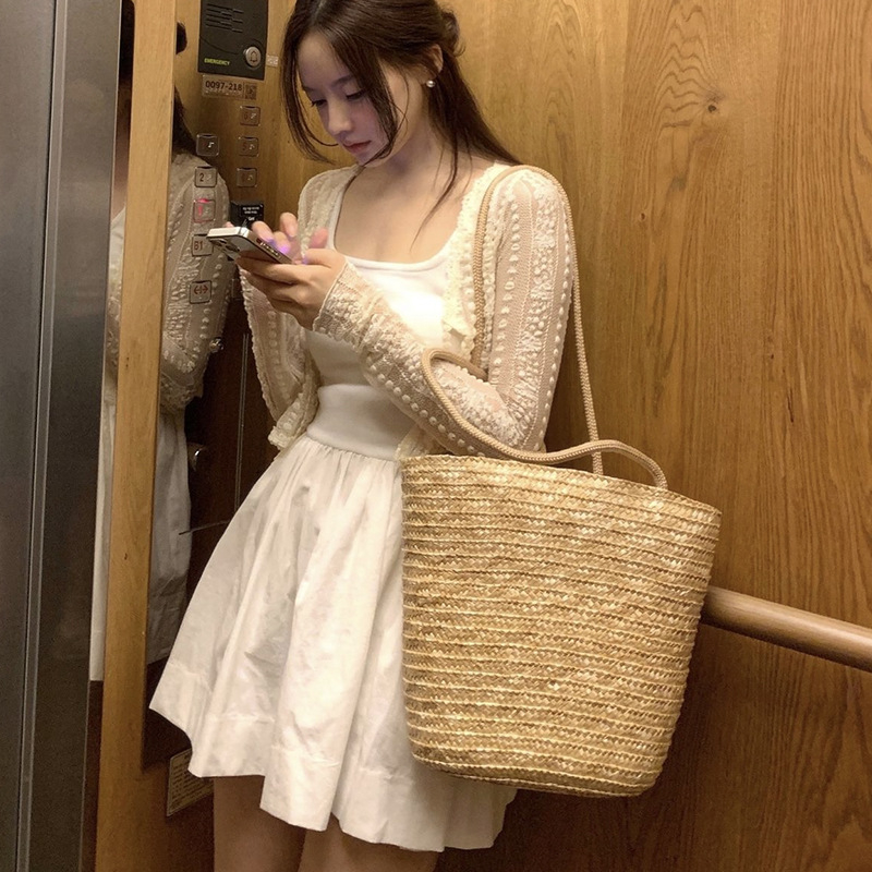 Cemer Ručno Pletena Slamnata Torba – Za Putovanja i Odmor, Vertikalno Kvadratnog Oblika, Zatvaranje na Zip, Podstava od Poliester-Pamuk