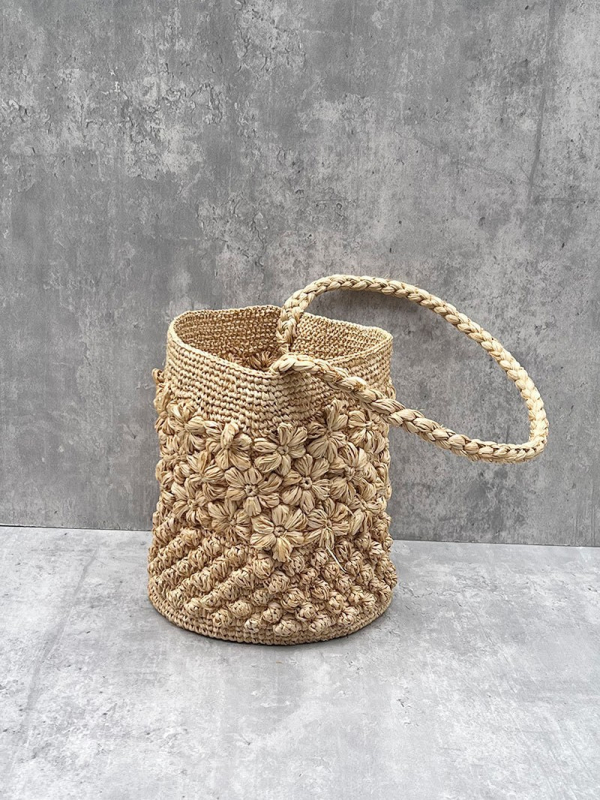 Torba bucket od rafije, ručno pletena, s jednom naramenicom, bez podloge, za opuštena putovanja