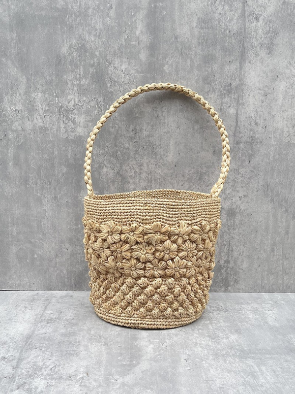 Torba bucket od rafije, ručno pletena, s jednom naramenicom, bez podloge, za opuštena putovanja