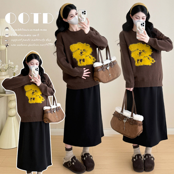 Trudnički zimski set: karikatura uzorak pleteni džemper i vunena suknja, kašmir 95%+, dugi rukavi, srednje duga suknja