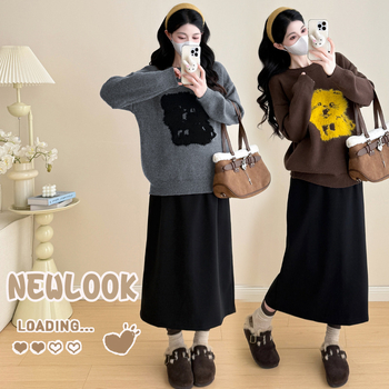 Trudnički zimski set: karikatura uzorak pleteni džemper i vunena suknja, kašmir 95%+, dugi rukavi, srednje duga suknja