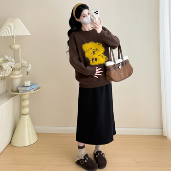 Trudnički zimski set: karikatura uzorak pleteni džemper i vunena suknja, kašmir 95%+, dugi rukavi, srednje duga suknja