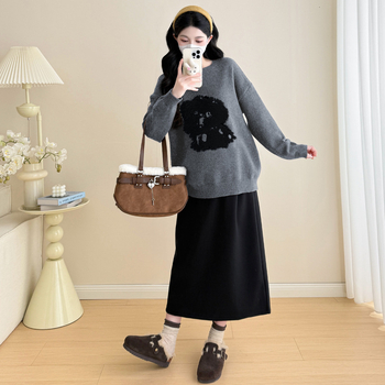 Trudnički zimski set: karikatura uzorak pleteni džemper i vunena suknja, kašmir 95%+, dugi rukavi, srednje duga suknja