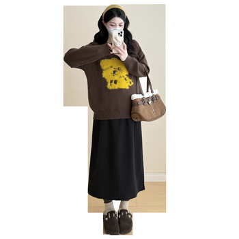 Trudnički zimski set: karikatura uzorak pleteni džemper i vunena suknja, kašmir 95%+, dugi rukavi, srednje duga suknja