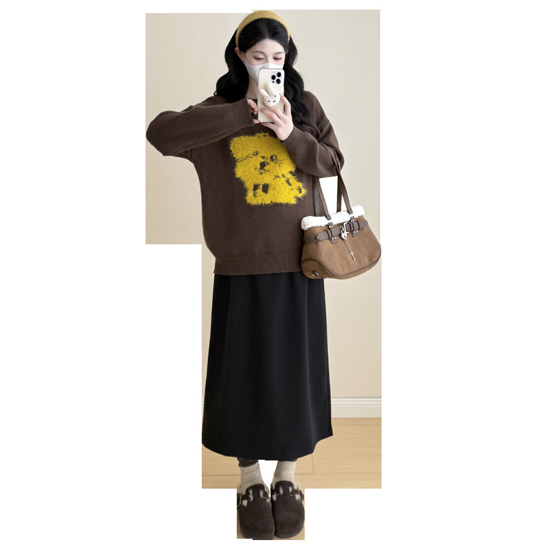 Trudnički zimski set: karikatura uzorak pleteni džemper i vunena suknja, kašmir 95%+, dugi rukavi, srednje duga suknja