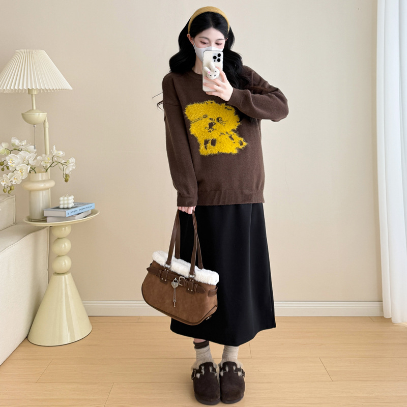 Trudnički zimski set: karikatura uzorak pleteni džemper i vunena suknja, kašmir 95%+, dugi rukavi, srednje duga suknja