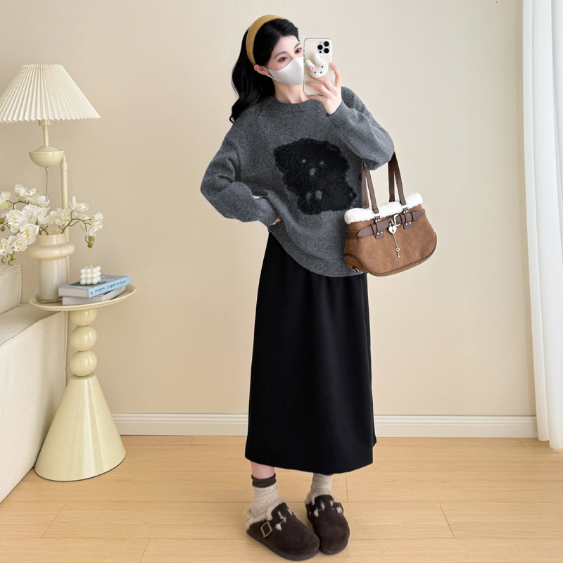 Trudnički zimski set: karikatura uzorak pleteni džemper i vunena suknja, kašmir 95%+, dugi rukavi, srednje duga suknja