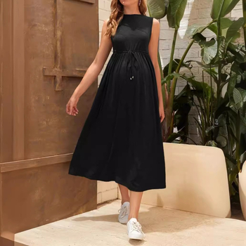 Бременска рокля без ръкави, с кръгло деколте, едноцветна, миди дължина, висока талия, полиестер/еластан плат с имитация на памук, японско‑корейски неформален стил