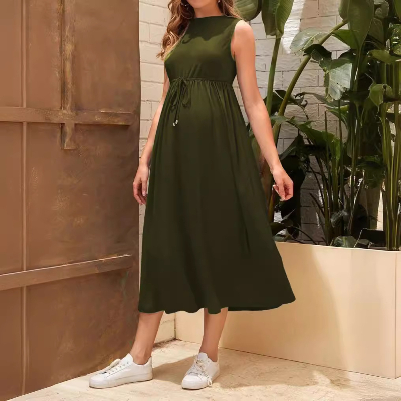 Бременска рокля без ръкави, с кръгло деколте, едноцветна, миди дължина, висока талия, полиестер/еластан плат с имитация на памук, японско‑корейски неформален стил