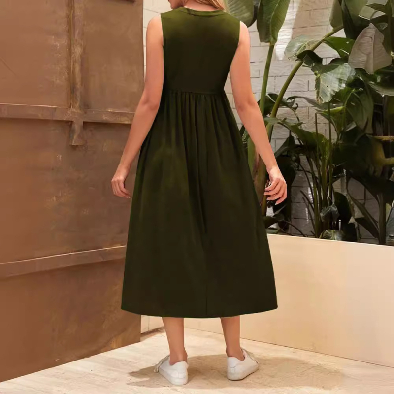 Бременска рокля без ръкави, с кръгло деколте, едноцветна, миди дължина, висока талия, полиестер/еластан плат с имитация на памук, японско‑корейски неформален стил