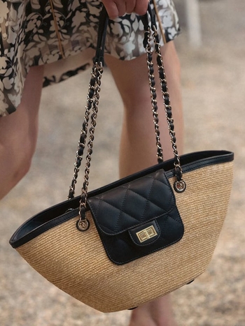 Torba košara od slame s lancem, PU materijal, oblik školjke, zaključavanje, pretinac za telefon i ID karticu