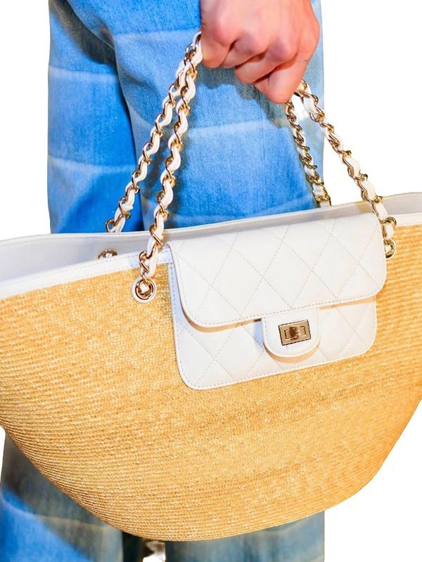 Torba košara od slame s lancem, PU materijal, oblik školjke, zaključavanje, pretinac za telefon i ID karticu