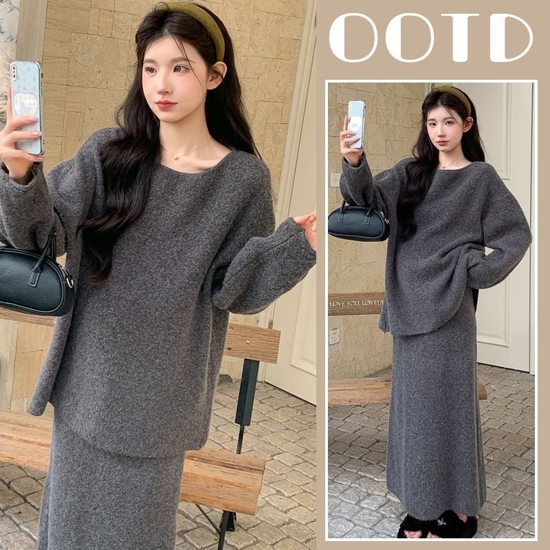 Kismama öltöny kötött pulóverrel és szoknyával, téli 2025, elegáns mindennapi munkába járáshoz, hosszú ujjú