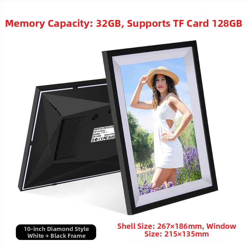 Digitális fotókeret Wi‑Fi‑vel és Frameo felhő megosztással, 1280×800 kijelző, 32GB tárhely SD/USB/TF támogatással, multitouch érintőképernyő, 28 nyelvet támogat