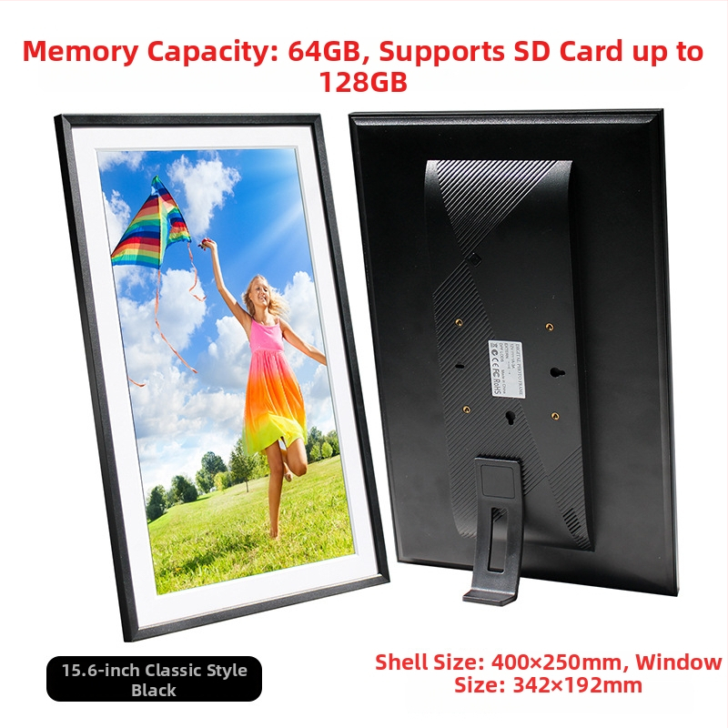 Digitális fotókeret Wi‑Fi‑vel és Frameo felhő megosztással, 1280×800 kijelző, 32GB tárhely SD/USB/TF támogatással, multitouch érintőképernyő, 28 nyelvet támogat