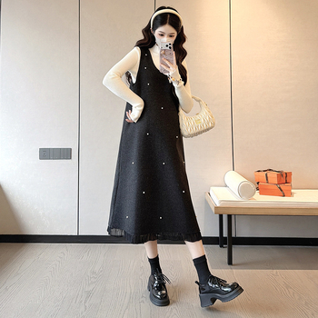 Rochie midi pentru maternitate patchwork, cu guler rotund și mâneci lungi, din amestec acrilic cu poliester și spandex (<30% spandex), stil casual japonez-coreean