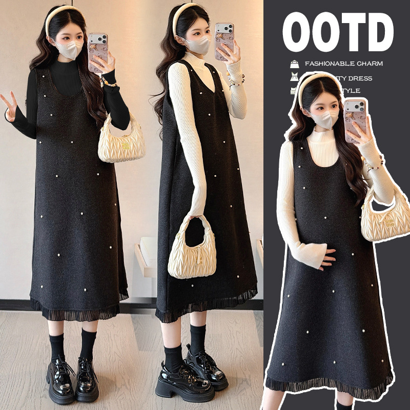 Rochie midi pentru maternitate patchwork, cu guler rotund și mâneci lungi, din amestec acrilic cu poliester și spandex (<30% spandex), stil casual japonez-coreean