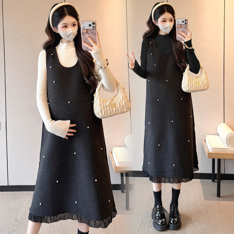 Rochie midi pentru maternitate patchwork, cu guler rotund și mâneci lungi, din amestec acrilic cu poliester și spandex (<30% spandex), stil casual japonez-coreean