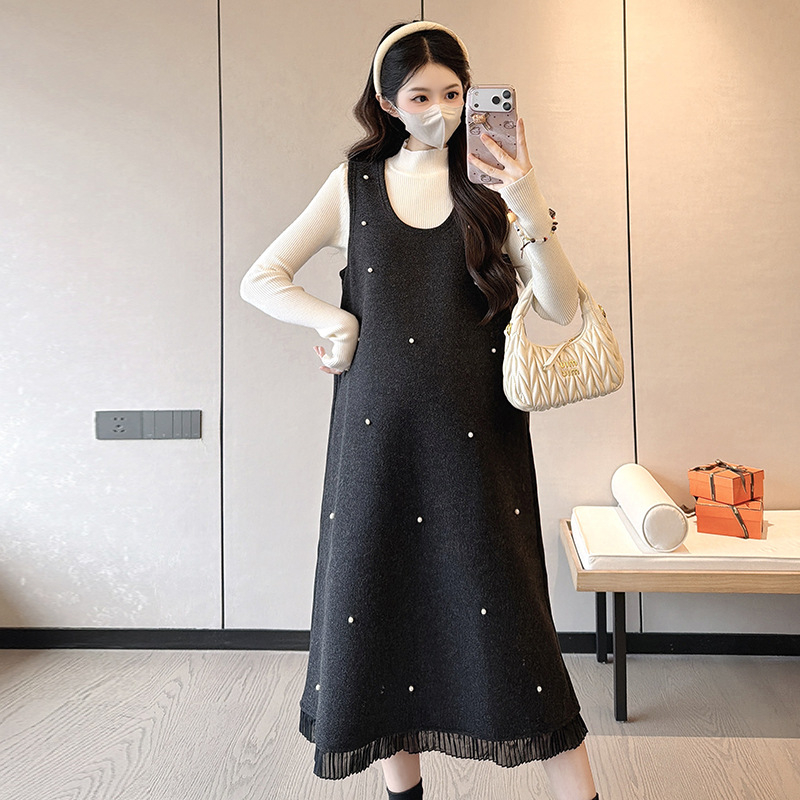 Rochie midi pentru maternitate patchwork, cu guler rotund și mâneci lungi, din amestec acrilic cu poliester și spandex (<30% spandex), stil casual japonez-coreean