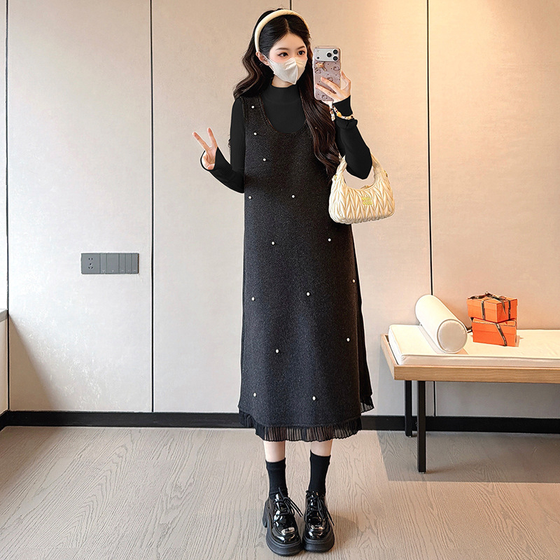 Rochie midi pentru maternitate patchwork, cu guler rotund și mâneci lungi, din amestec acrilic cu poliester și spandex (<30% spandex), stil casual japonez-coreean