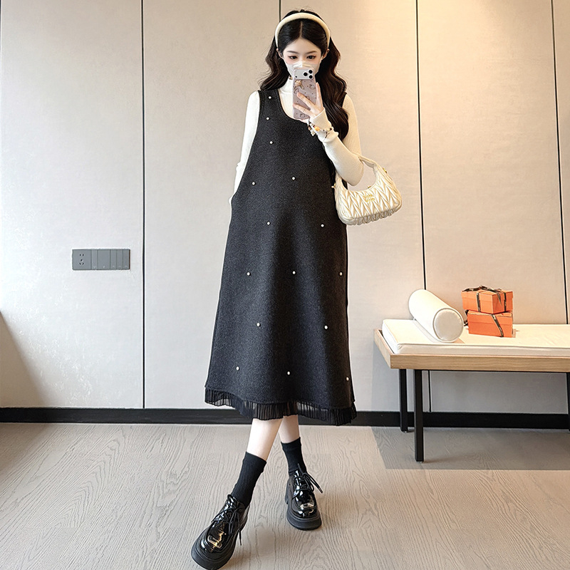 Rochie midi pentru maternitate patchwork, cu guler rotund și mâneci lungi, din amestec acrilic cu poliester și spandex (<30% spandex), stil casual japonez-coreean